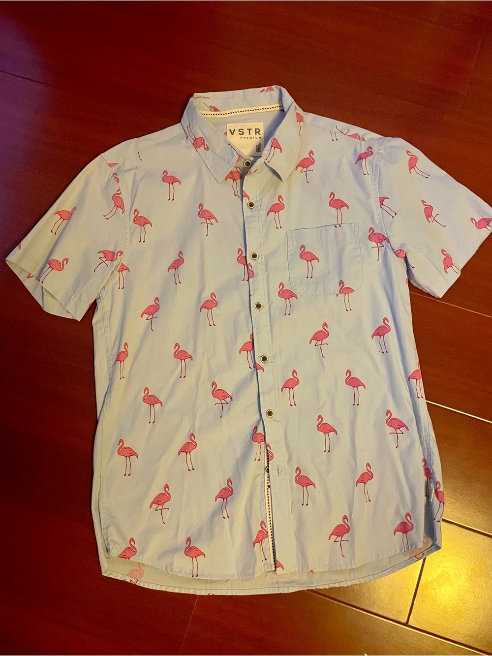 VSTR Premium Light Blue Short-Sleeve Button-Up Flamingo Print Shirt